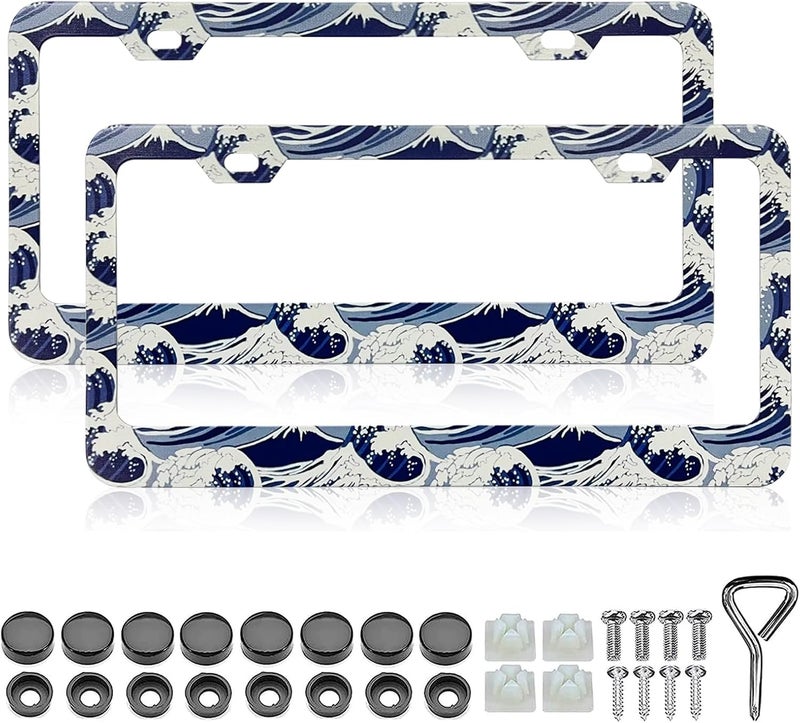 LIN KANG Ocean Waves License Plate Frame - 2 Pack Aluminum License Plate Holder Covers, Metal Car Decorative Tag Frames for Standard US Canada with Screw Caps - Image 1